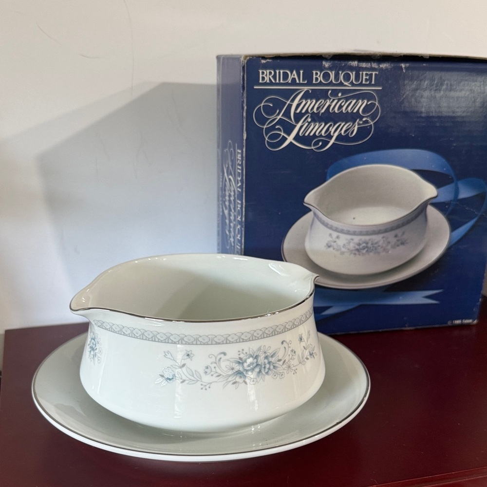 American Limoges Bridal Bouquet Gravy Boat w/attached Saucer. With original box